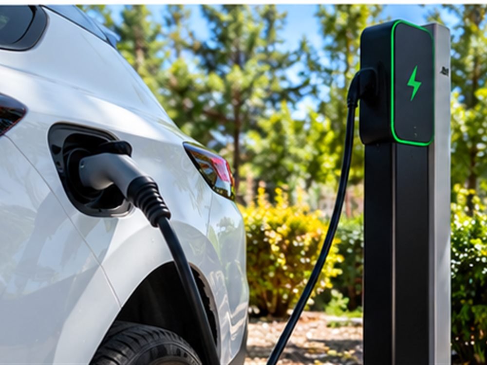 Auto eléctrico cargando en el predio